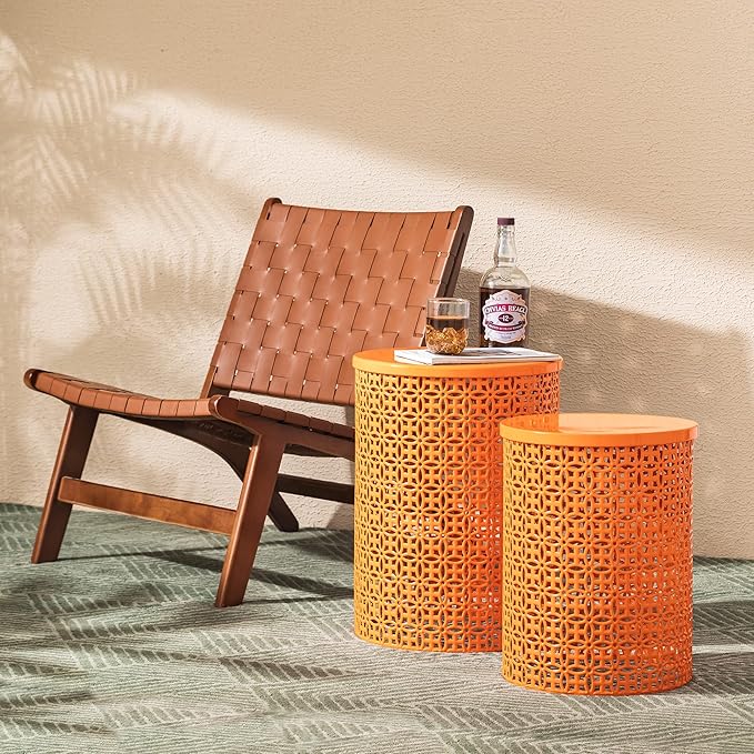 Glitzhome Outdoor Side Table Set of 2, Decorative Garden Stool for Indoor Outdoor Heavy Duty Metal Frame Accent Table Modern End Table, Glossy Orange