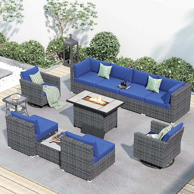 HOOOWOOO 11 Piece Patio Sectional Furniture Set with Fire Pit Table,Modern Wicker Outdoor Conversation Sofa Sets,Weather Resistant Modular L Shaped Outside Couch Swivel Chair Set(Navy Blue)