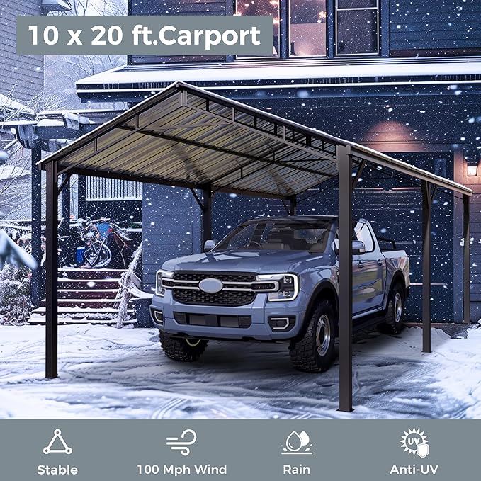 GREEN PARTY 10 x 20 ft Metal Carport Kits with Galvanized Steel Roof, Heavy Duty Metal Carport Canopy, Outdoor Car Tent Metal Garage Shelter for Car, SUV, Truck and Boats, Grey