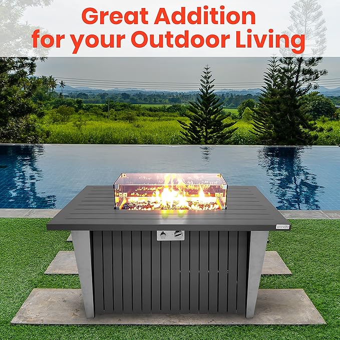 SereneLife 52 Inch Gas Fire Pit Table, 50,000 BTU Propane Pits for Outside with Steel Lid and Lava Rock, 2 in 1 Firepit Table Gatherings Parties on Patio Deck Garden Backyard