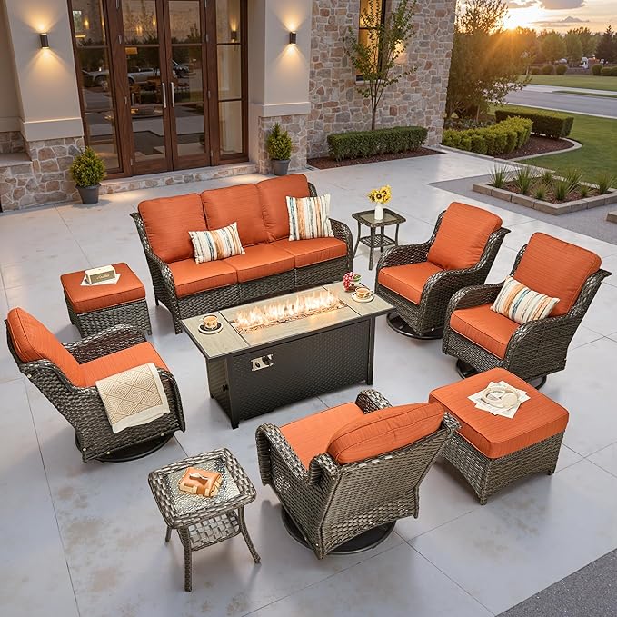 ovios 10 Pieces Patio Furniture Set, Outdoor Wicker Sofa Couch with Swivel Chairs 54" Fire Pit Table, All Weather High Back Modern Conversation Sets, Brown Rattan, Orange Red