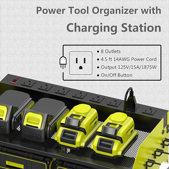 Wall Mount Drill Storage Rack with Charging Station Power Tool Organizer Drill Holder Drill Bit Organizer for Garage Workshop Holds 4 Drills with 8 Outlet Power Strip Christmas Gift(Green Three Layer)