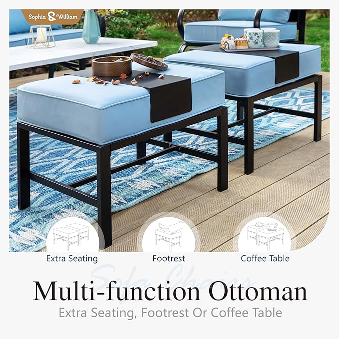 Sophia & William Patio Furniture Sets for 9 with 45" Gas Fire Pit Table Outdoor Conversation Sets 8 Pcs, 2xSofa Chairs, 2xSwivel Cushion Chairs, 1x3-Seat Sofa, 2xOttomans for Porch Poolside Blue