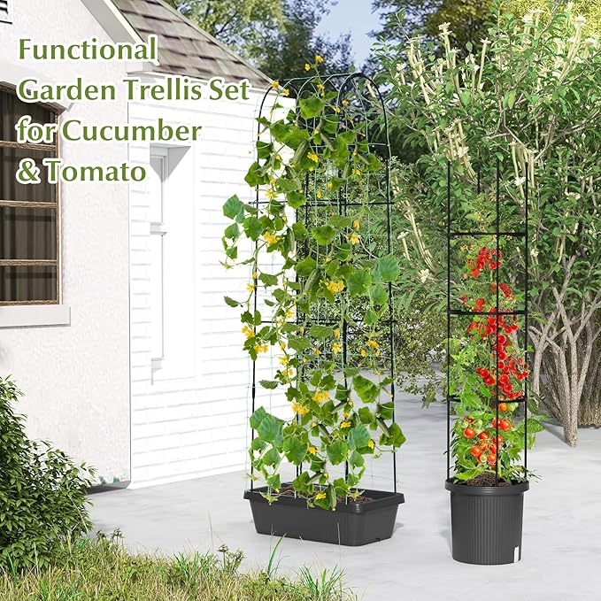 Happygrill 2 Pack Tomato Cage, Metal Garden Trellis w/Adjustable Height & Self-Watering System for Vines Potted Plants Vegetables, Tall Plant Support Tomato Trellis w/Planter Box