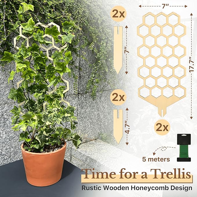 Wood Trellis for Climbing Plants Indoor & Outdoor - 2 Pack 18" Modern Honeycomb Small Plant Trellis - Stabilizing Plant Support for Indoor Plants - Small Trellis for Potted Plants to Encourage Growth