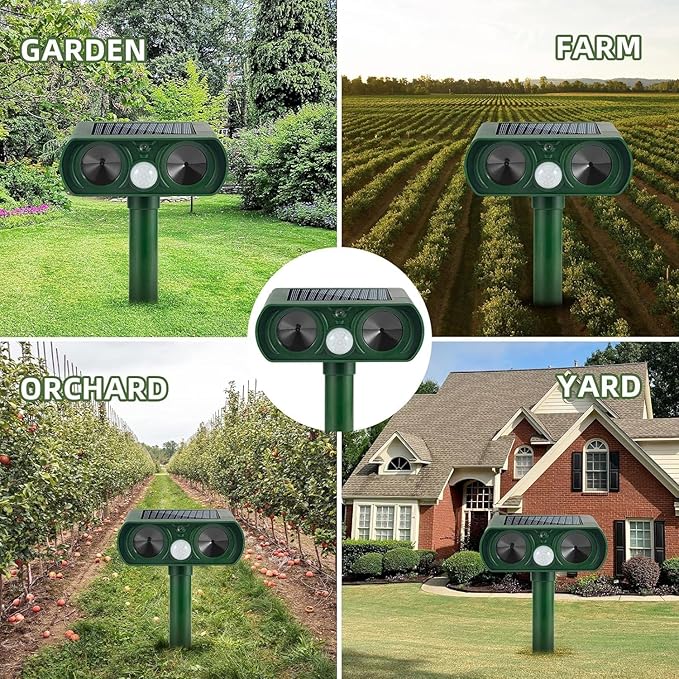 4Pack Solar Ultrasonic Animal Repellent Outdoor Deer Repellent Devices with Motion Detection&Flash Light Squirrel Cat Raccoon Rabbit Dog Deterrent,2025 Keep Rodent Chipmunk Away for Yard Garden Lawn