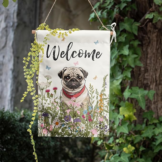Spring Summer Flower Garden Flag Pug Outdoor Flag Floral Dog Garden Flags for Outside Small Yard Welcome Flags 12x18 Double Sided