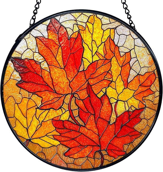 TNUW Fall Leaf Stained Glass Window Hanging, Rustic Autumn Maple Leaves Sun Catchers Indoor Window Glass Round Wall Art Decor, Fall Autumn Wall Hanging Decorations, 7.9＂x7.9＂