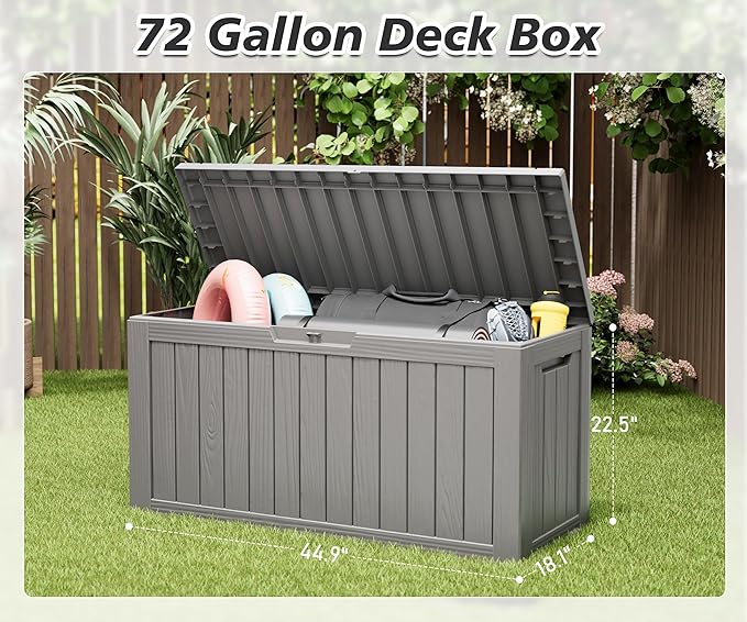 NUNU LAB 75 Gallon Outdoor Storage Box,Deck Box Resin Large Sturdy, Backyard Outside Storage Box Waterproof with Double Wall Panels,Package Delivery Garden Outdoor Hose Storage Bin,Tool