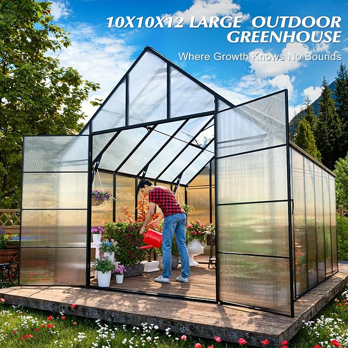 10x10x12 FT Heavy-Duty Greenhouse 2.0 with Polycarbonate Panels, Swing Door, Hinged Roof Vent, and Rain Gutters for Outdoor Use, Aluminum Black