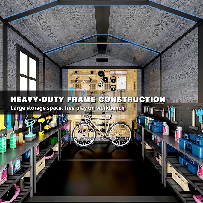 8.7x5.5 FT Resin Outdoor Storage Shed with Floor, Weather-Resistant Plastic Garden Shed with Windows, Lockable Door and Vents, Outside Tool Storage Sheds for Backyard, Garden, Patio, Lawn, Wood Grain