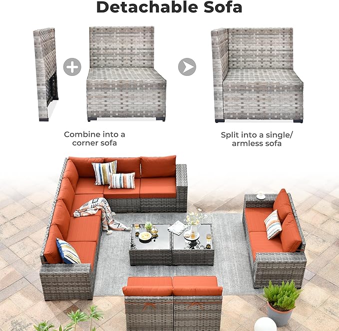 ovios 12 Pieces Patio Furniture Set, Outdoor Wicker Sectional Sofa with Glass Table Comfy Cushions, Modern Modular Deep Seat Couch Rattan Conversation Set, Orange Red