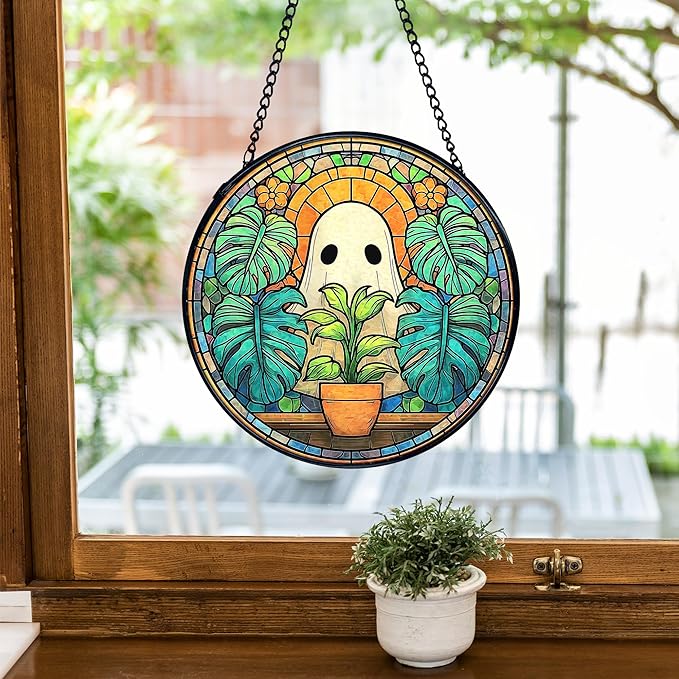 TNUW Ghost Plant Stained Glass Window Hanging, Halloween Ghost Sun Catchers Indoor Window Glass Round Wall Art Decor, Plant Lovers Gifts Wall Hanging Decorations, 7.9＂x7.9＂
