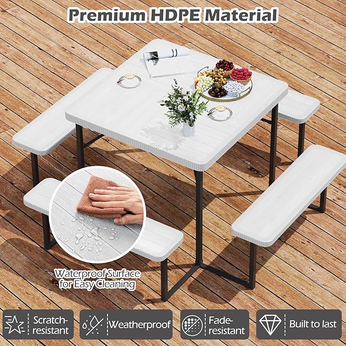 Tangkula 8 Person Picnic Table, HDPE Outdoor Square Table and Bench Set with 4 Built-in Benches, Umbrella Hole, Metal Frame for Garden Yard Patio Lawn