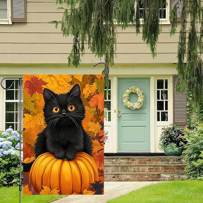 Thanksgiving Fall Garden Flag 12x18 Inch Welcome Black Cat Pumpkin Outdoor Flag Double Sided Autumn Yard Banner Maple Leaves for Porch Lawn Patio Halloween Thanksgiving Decor