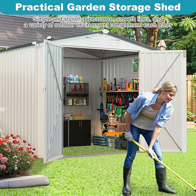 8x6 FT Outdoor Metal Storage Shed, Tool Shed with Peaked Roof and Lockable Door, Compact Garden Shed with Clear Window for Backyard Garden Patio Lawn, White+Gray