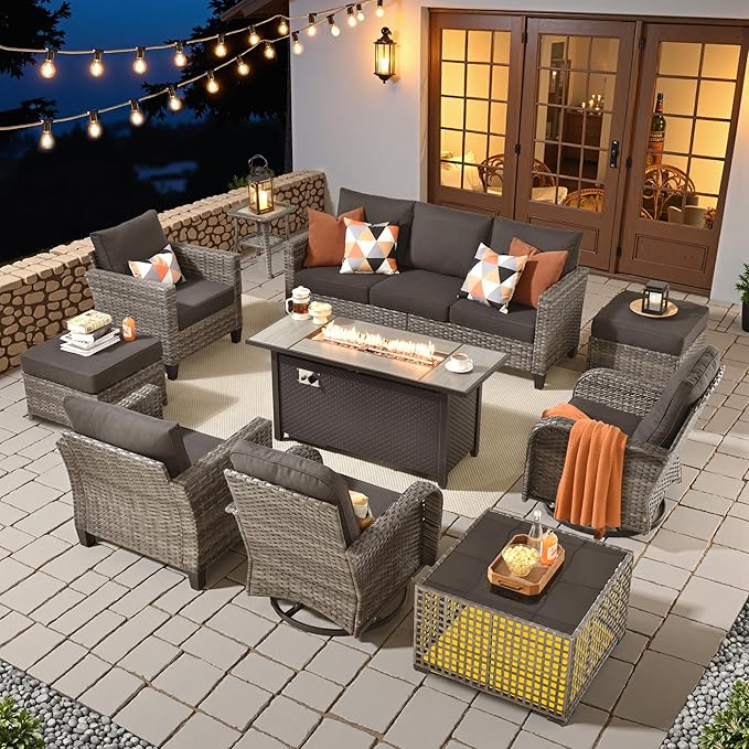 HOOOWOOO Outdoor Patio Furniture Set,10 Pieces Wicker Conversation Set,All Weather Couch Set with Fire Pit Solar Light Table Swivel Chairs Ottoman 9 Seaters for Out Door Yard(Black)