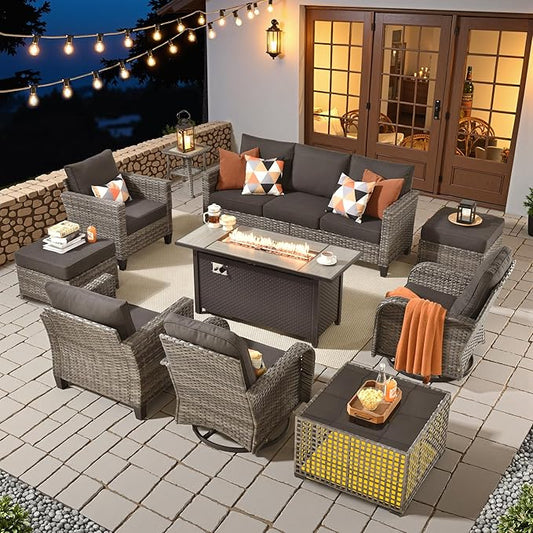HOOOWOOO Outdoor Patio Furniture Set,10 Pieces Wicker Conversation Set,All Weather Couch Set with Fire Pit Solar Light Table Swivel Chairs Ottoman 9 Seaters for Out Door Yard(Black)
