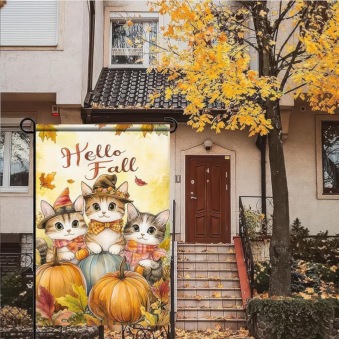 Fall Garden Flag 12x18 Inch Hello Fall Kitten Yard Banner Autumn Cat Outdoor Flag with Pumpkins and Leaves Double Sided Tabby Cat Seasonal Decor for Porch Lawn Thanksgiving