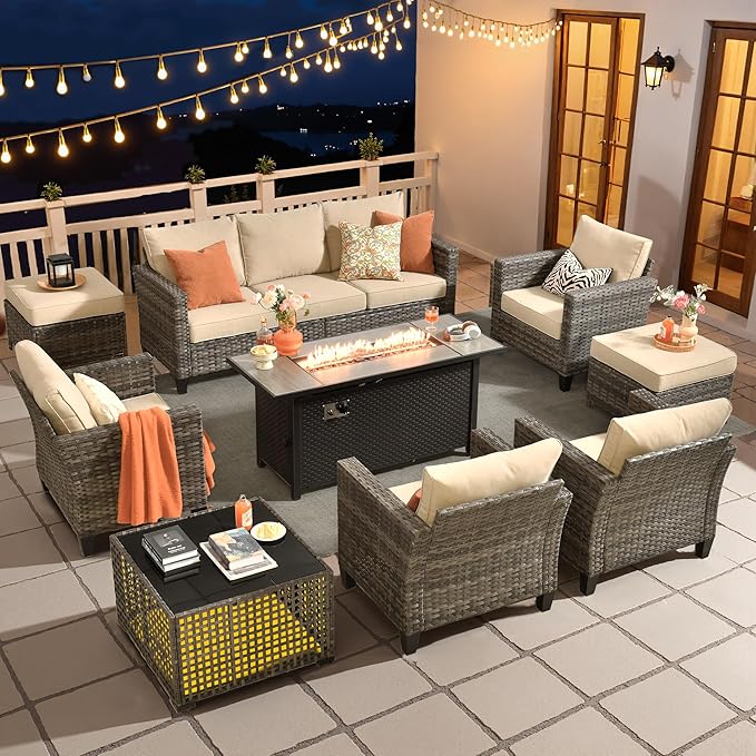HOOOWOOO Outdoor Patio Furniture Set,9 Pieces Wicker Conversation Set,All Weather Couch Set with Fire Pit Solar Light Table Chairs Ottoman 9 Seaters for Out Door Yard(Beige)