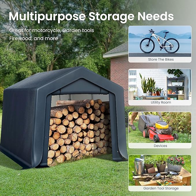 PHI VILLA 8'x12'x7.3' Outdoor Portable Storage Shelter Shed Garage with 2 Roll up Zipper Doors & Vents Carport for Motorcycle Bike Waterproof and UV Resistant Anti-Snow Portable Garage Kit Tent, Gray