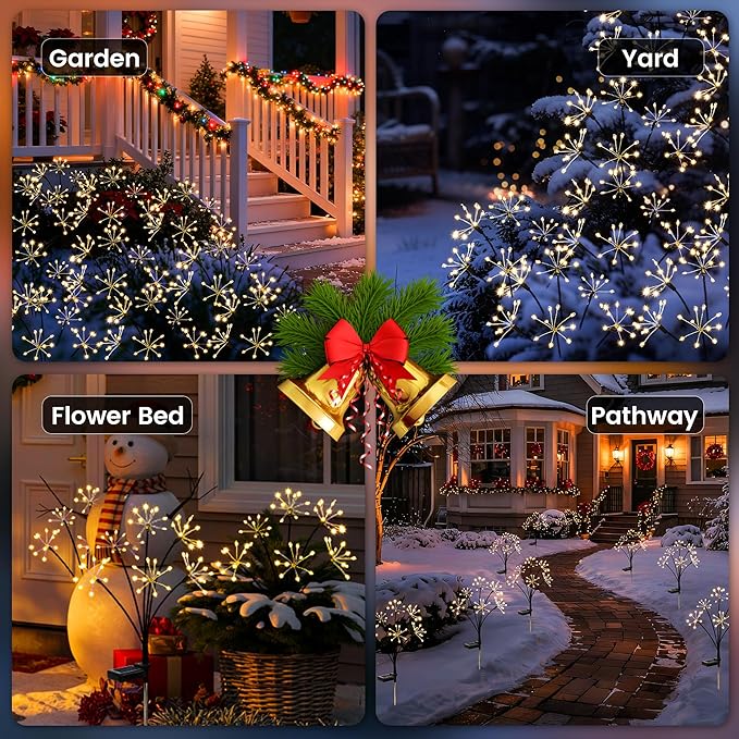 Solar Christmas Lights Outdoor, Solar Garden Decor, Outdoor Christmas Decorations, Gardening Supplies, Solar Powered Lights Waterproof for Yard Patio, Fairy Decor Firwork(3 Pack)