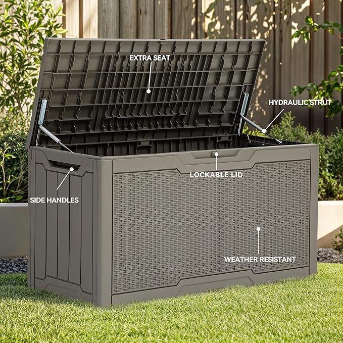 YITAHOME 80 Gallon Outdoor Storage Box, Large Water Resistant Resin Deck Box, Indoor Outdoor Lockable Rattan Storage Container for Patio, Garden, Cushions, Tools, Equipment (Taupe)
