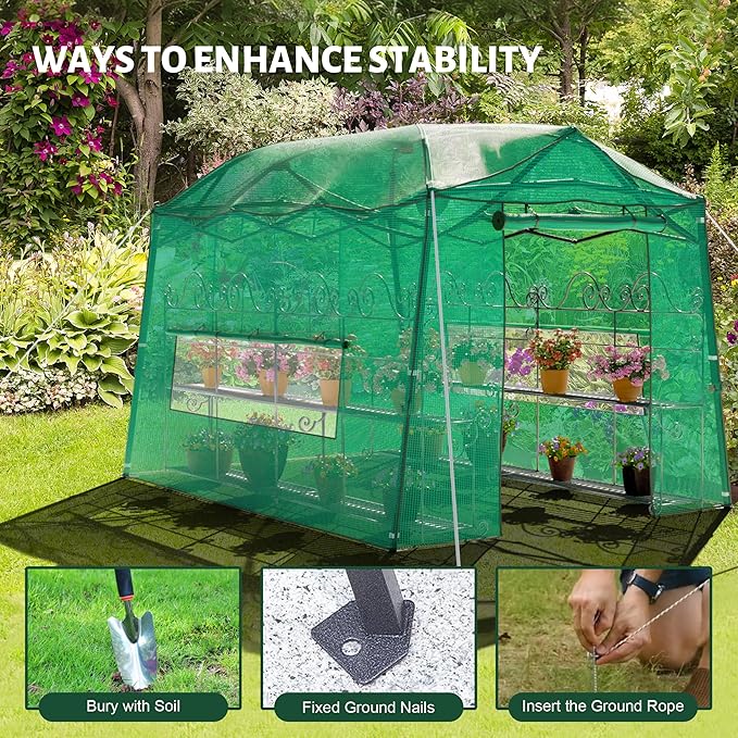 11 x 8.5 FT Walk-in Greenhouse, Portable Pop-up Green House 3 Adjustable Hights Heavy Duty Plant Gardening Canopy with Durable PE Cover for Indoor Outdoor (Clear and Green)