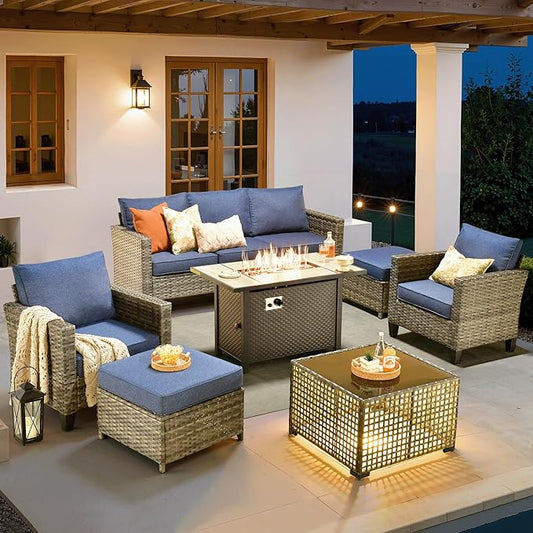 ovios 7 Pieces Patio Furniture Set with 42" Fire Pit Table, Outdoor Sofa Couch with Solar Lights Table Comfy Cushions, Modern Deep Seat Wicker Rattan Conversation Set, Denim Blue