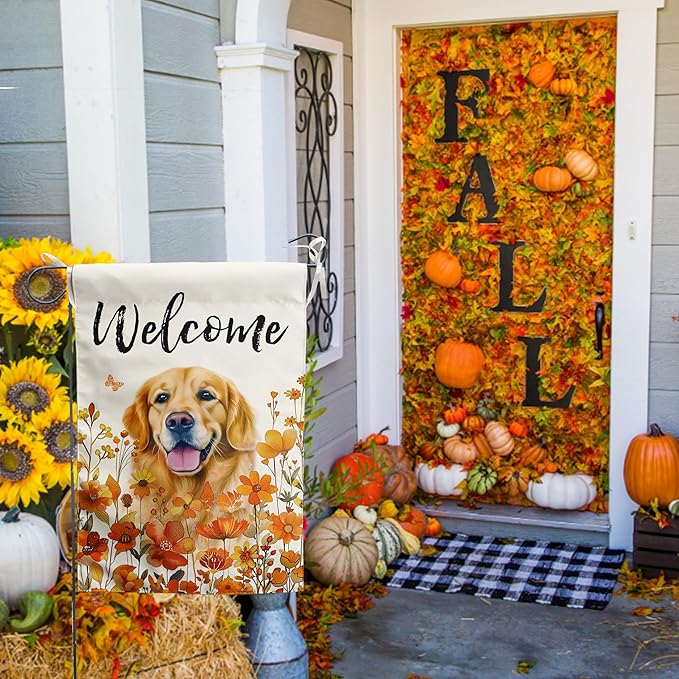 Floral Golden Retriever Garden Flag Fall Yard Flag Wildflower Dog Garden Flags Orange Autumn Lawn Flags Welcome Thanksgiving Outdoor Flags for Outside 12x18 Double Sided Small
