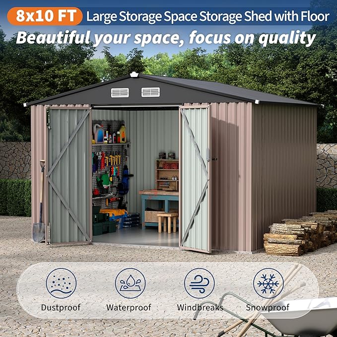8x10 FT Metal Storage Sheds Outdoor with Floor, Metal ToolShed with Lockable Door, Metals Yard Sheds Metals Garden Shed Kit, MetalUtility Sheds Buildings with Air Vent for Backyard Garden Patio Lawn