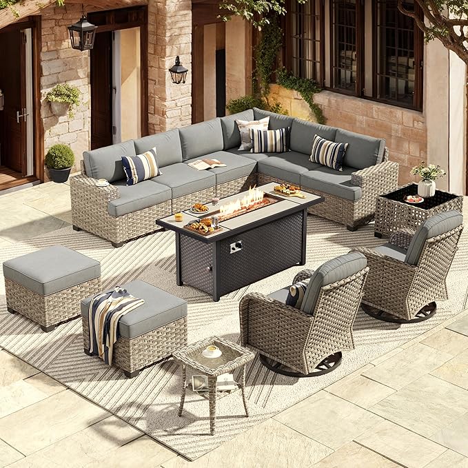 HOOOWOOO Outdoor Sectional Patio Furniture Set with Fire Pit Table,13 Pieces Wicker Conversation Sets L Shaped Couch,Extra Deep Out Door Sofa Outside Furniture with Swivel Chairs Ottoman,Charcoal Gray