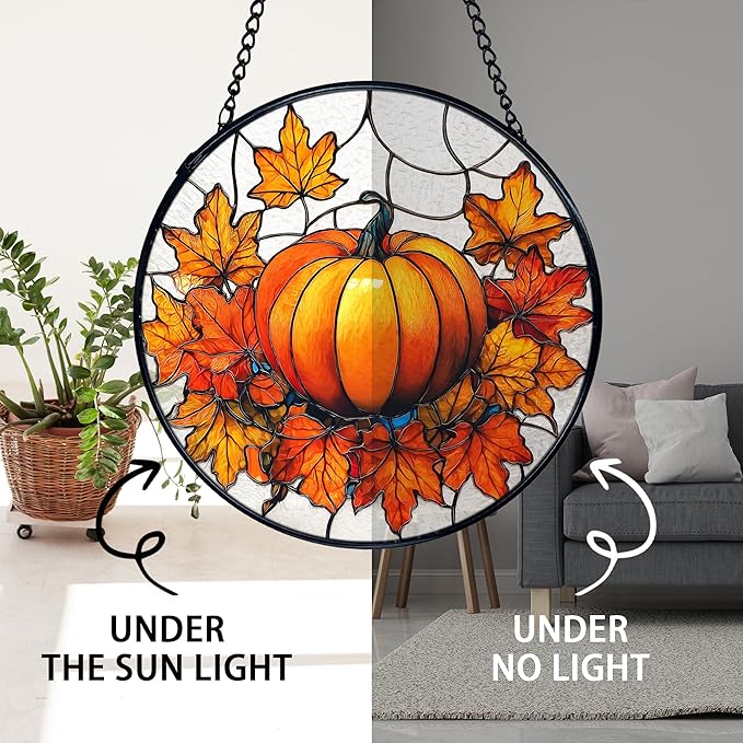 TNUW Fall Pumpkin Stained Glass Window Hanging, Farmhouse Autumn Pumpkin Maple Leaf Sun Catchers Indoor Window Glass Round Wall Art Decor, Rustic Fall Wall Hanging Decorations, 7.9＂x7.9＂