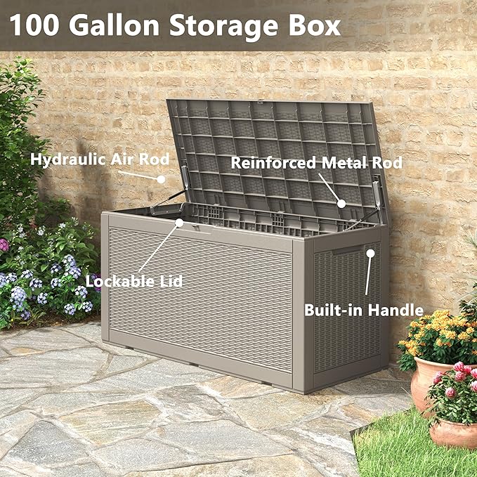 NUNU LAB 102 Gallon Large Waterproof Resin Deck Box, Lockable Outdoor Storage Box with Gas Lift, Patio Cushions, Garden Tools, Pool Supplies, Indoor Outdoor Storage Container, Grey