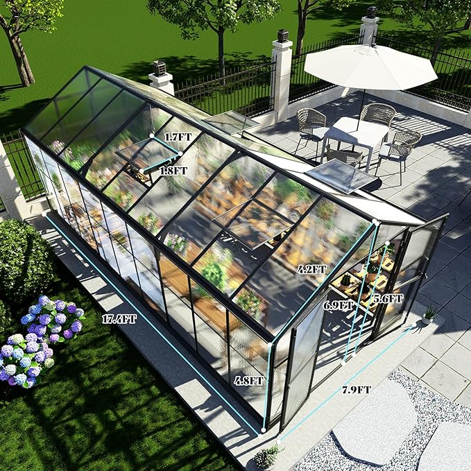 AMERLIFE 8x18x7FT Polycarbonate Greenhouse, Walk in Greenhouse with Quick-Connect System, Green House with 4 Windows and Swing Lockable Door, Greenhouses for Outdoors, Sunroom Black