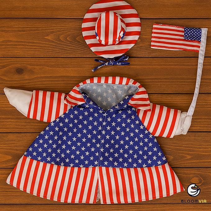 Lawn Goose Outfit – Glossy Cape & Adjustable Hat for 23″ Goose Statue – Halloween & Vampire & USA Flag Costume