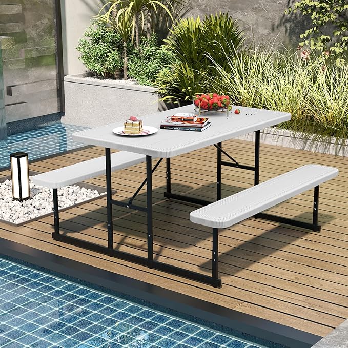 Giantex Picnic Table Bench Set for 4 People, 4.5FT Outdoor Rectangular Dining Table & 2 Benches w/Umbrella Hole, HDPE Tabletop, Metal Frame, Patio Garden Backyard Poolside (4.5FT,Non-Foldable,White)