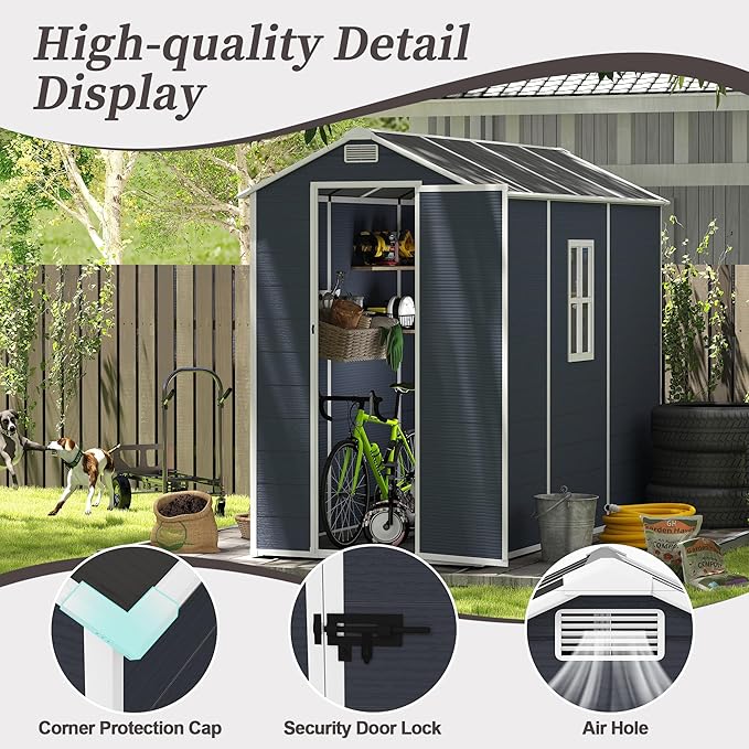 Outdoor Storage Shed 8x4 FT, Resin Shed with Floor & Window, Lockable Door, Vents, Outside Sheds & Garden Shed for Patio Furniture, Gardening Tools, Bike Accessories and Lawn Mower (Dark Gray, 4*8ft)