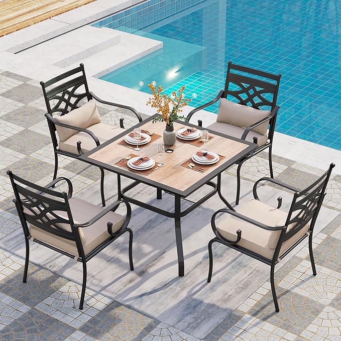 PHI VILLA Patio Dining Set for 4, 5 PCS Outdoor Dining Sets - 1 Square 37"x37" Dining Table (1.57" Umbrella Hole) & 4 Patio Dining Chairs,Metal Patio Furniture for Outdoor Kitchen Lawn and Garden