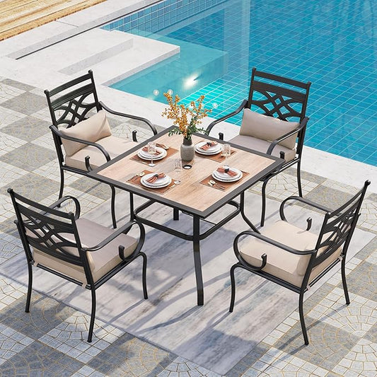 PHI VILLA Patio Dining Set for 4, 5 PCS Outdoor Dining Sets - 1 Square 37"x37" Dining Table (1.57" Umbrella Hole) & 4 Patio Dining Chairs,Metal Patio Furniture for Outdoor Kitchen Lawn and Garden