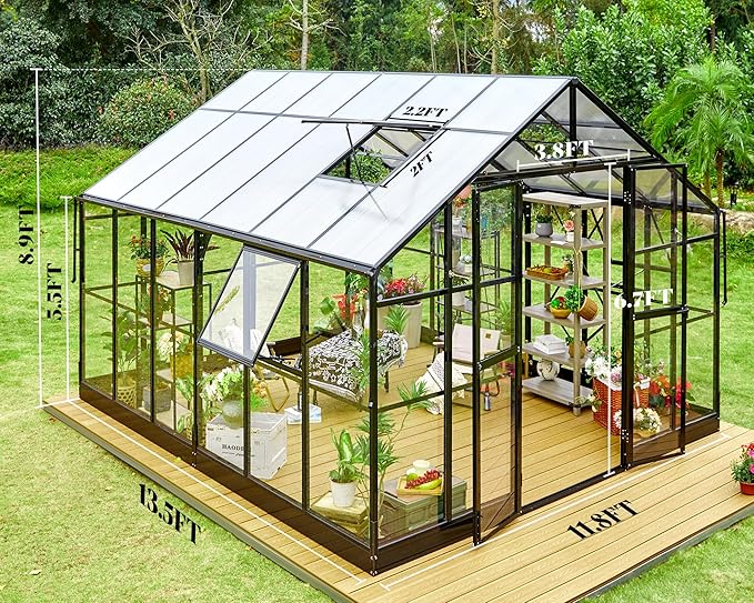 AMERLIFE 12x13.5x9 FT Hybrid Polycarbonate Greenhouse with Quick Connector Fast Assembly Clear Panels, Walk-in Large Aluminum Greenhouses for Outdoors, Swing 2 Doors 4 Vents, Black