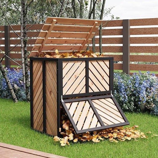 115 Gallon Solid Wood Composter, Outdoor Compost Bin with Pull-Out Door and Flip-Top Lid, Heavy Duty Composting Bin for Outside Backyard, Garden, Patio, Natural