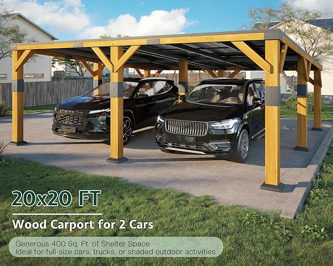 Jocisland 20x20x9.2 FT Cedar Wood Carport with Sloped Galvanized Steel Roof, Heavy Duty Outdoor Shelter for 2 Cars, Trucks, Boats & Tractors, Wind & Snow Resistant Pitch Roof Design