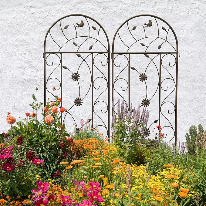 2 Pack Metal Garden Trellis for Climbing Plant Rose Stand, Brown Outdoor 86.7'' Tall Flower Support Iron Garden Fence, Brown