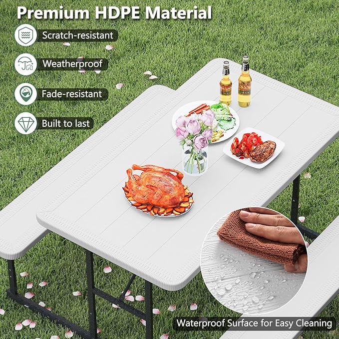 Tangkula Picnic Table, HDPE Outdoor Rectangular Table Bench Set with 2 Built-in Benches, Umbrella Hole, Metal Frame for 4 Person, Garden Yard Patio Lawn