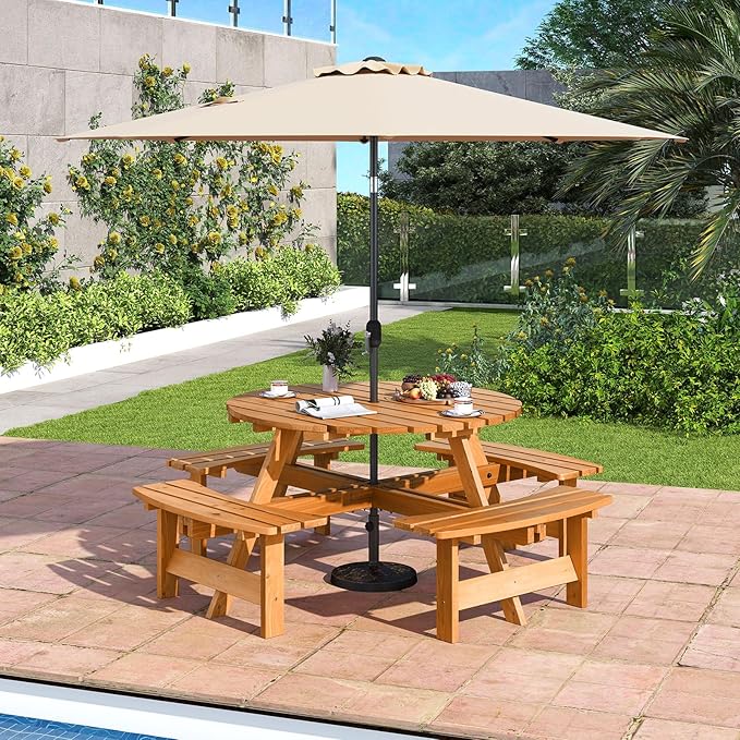 Giantex 8-Person Round Picnic Table Set with 4 Benches, 550 LBS Bench Capacity, 2" Umbrella Hole, Circular Outdoor Wood Dining Table & Chairs for Patio Yard Garden Porch Deck (71”x71”x28”,Yellow)