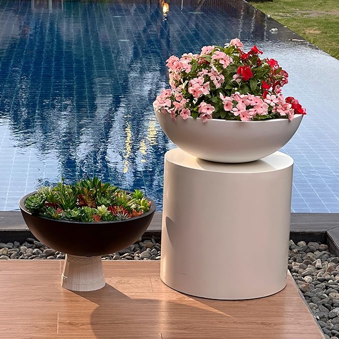6.9" H x 19.7" D Round Bowl Fiberstone Planter for Succulent and Lotus, Drainage Hole, Weather Resistant for Indoor and Outdoor Use, Included 2 Extra Coco Mats (White, 17.9" Pot Opening)