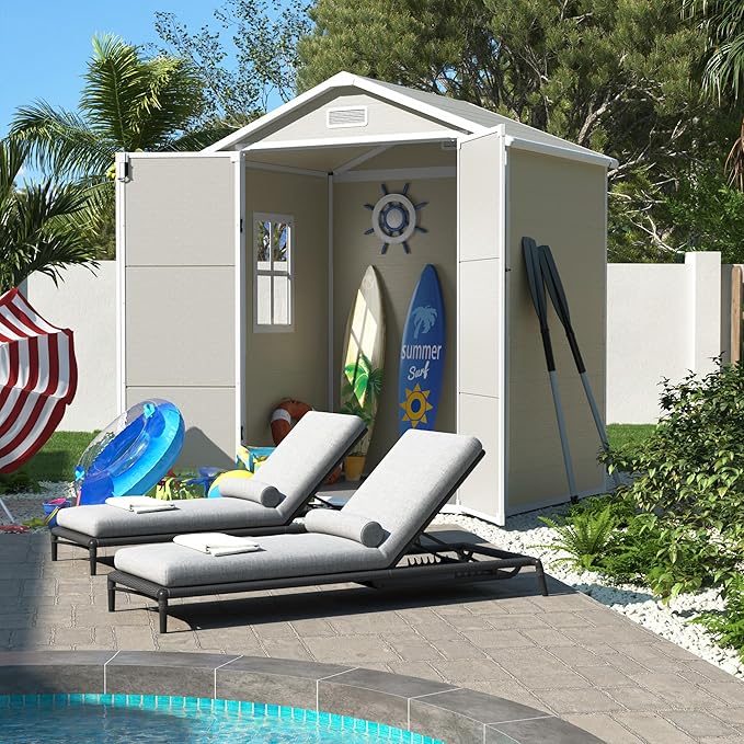 UDPATIO Outdoor Storage Shed 6x4.5 FT, Plastic Resin Outside Sheds & Outdoor Storage for Trash Can, Bike, Lawnmower, Generator, Tool Shed with Lockable Door for Backyard, Lawn, Patio, Sandstone