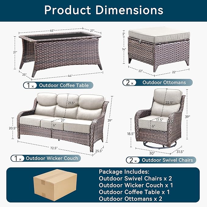 Luxury High Back Outdoor Furniture with 6-Inch Thick Cushions, Patio Furniture Set with Swivel Chairs, 6 PCS Wicker Conversation Set for Porch, Balcony, Deck and Yard