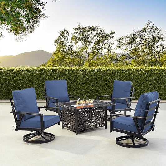 Oakland Living Black Aluminum Patio Fire Table Set with Four Club Chairs with Blue Cushions